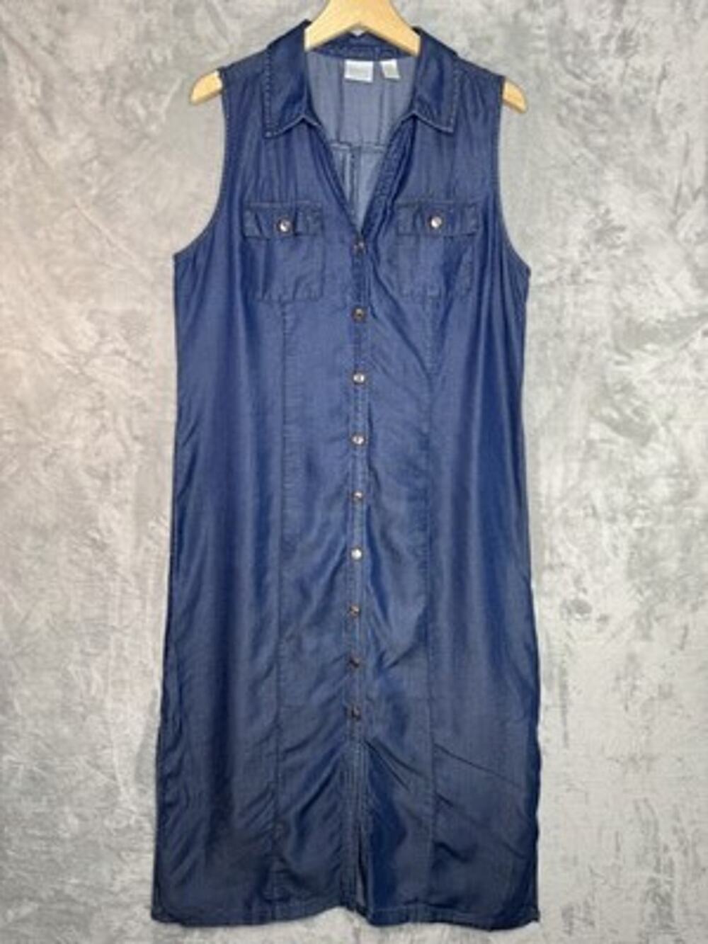 Chico's Dress Womens L Blue Denim Chambray Sleeveless Button Front Shirt Midi